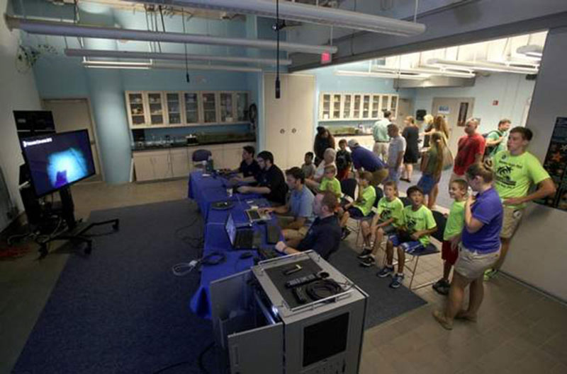 Telepresence allows a variety of institutions to use the live feeds from the ship in their educational and outreach programming. Here the South Carolina Aquarium hosted NOAA scientists as well as aquarium visitors during part of the expedition. Scientists were able to engage with the public and answer questions as they joined the expedition together.