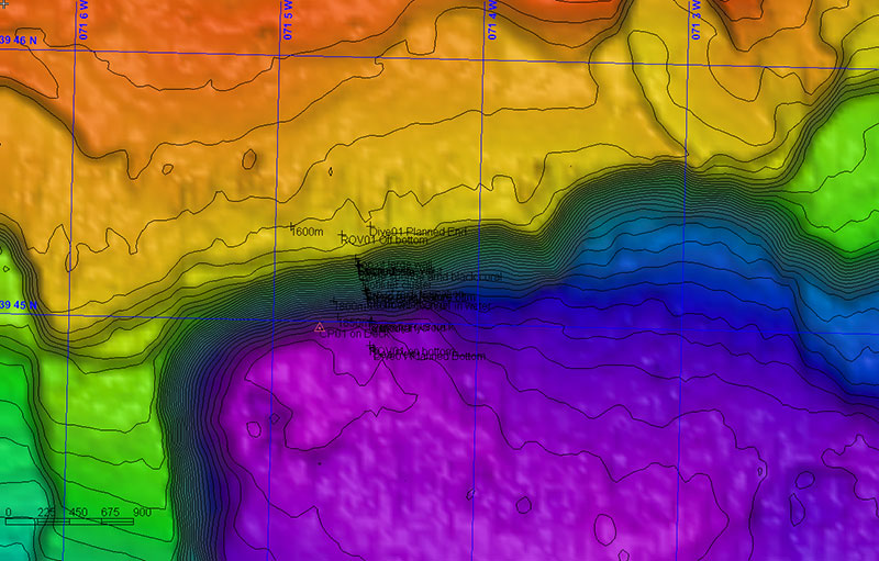 Multibeam map of the Dive 01 overlaid with the track of ROV Deep Discoverer (D2). Multibeam sonar helps scientists identify potential targets for exploration and helps ROV pilots navigate.