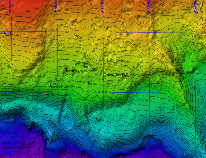 Multibeam map of the Dive 02 overlaid with the track of ROV Deep Discoverer (D2). Multibeam sonar helps scientists identify potential targets for exploration and helps ROV pilots navigate.