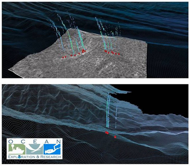 Perspective image of gaseous seeps seen during the 2012 Northeast and Mid-Atlantic Canyons Expedition, derived from water column acoustic reflectivity observations. Also shown is associated bathymetry and seafloor backscatter (location 1-top).