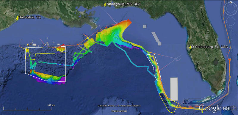 Expedition overview map showing bathymetry data acquired by NOAA Ship Okeanos Explorer from 2011-2012, and Law of the Sea Extended Continental Shelf Data on the Sigsbee Escarpment (courtesy UNH CCOM). Yellow boxes are priority mapping areas for cruise legs 1 and 2. White boxes are priority areas for focused daytime ROV exploration and overnight mapping during cruise leg 3. See figures 4 and 5 for community input considered in identifying these areas.