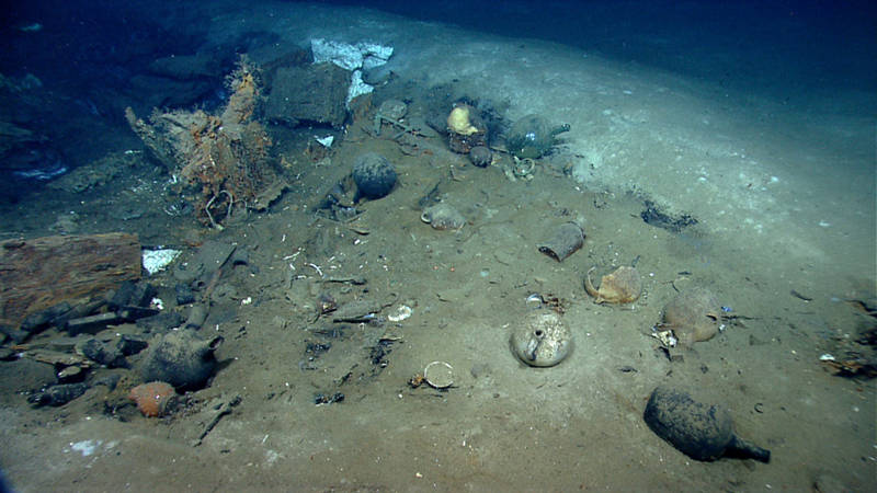 The stern section of Monterrey B. Pictured here are items that would have been under the control of the vessel's officers including navigational instruments, fine ceramics, and liquor bottles.