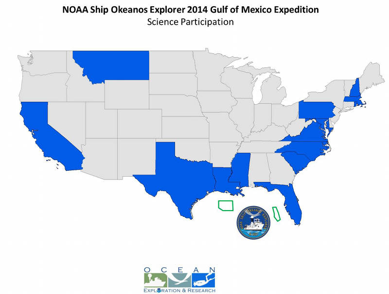 More than 70 scientists and students from 14 states participated in the 2014 Gulf of Mexico Expedition ROV dives from shore, providing their input and expertise to help characterize these areas in real-time and guide exploration activities.