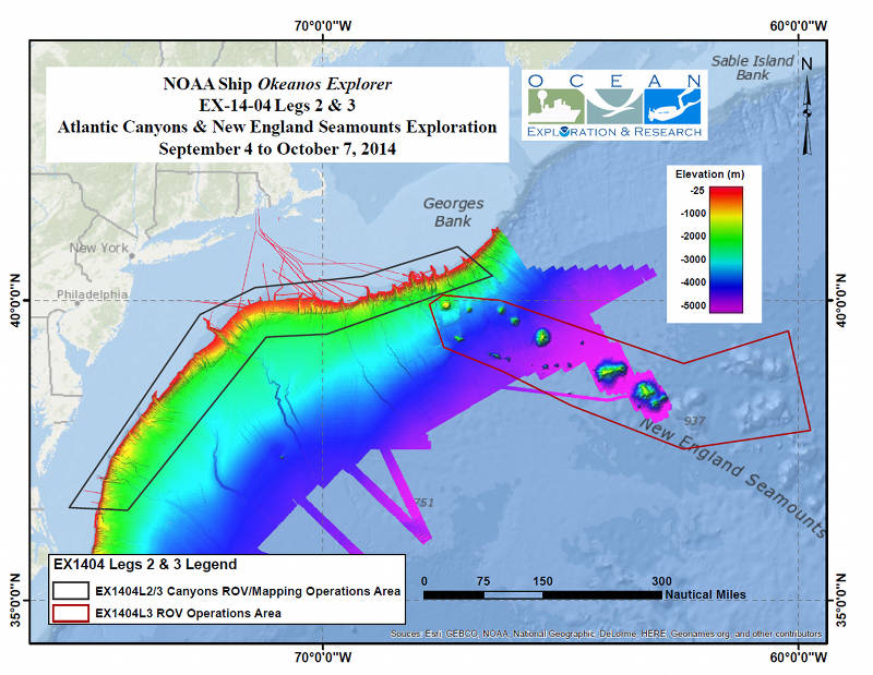 Map showing areas that will be explored during the second and third legs of the Our Deepwater Backyard: Exploring Atlantic Canyons and Seamounts 2014 expedition.