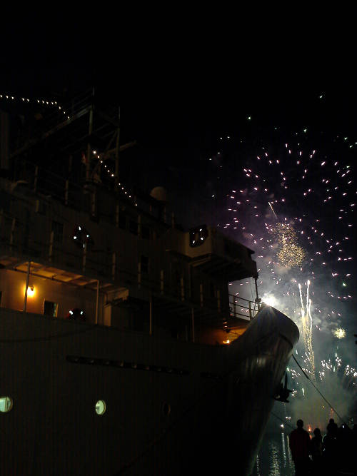 From September 10-16, NOAA Ship Okeanos Explorer participated in the Star-Spangled Spectacular. More than 2,000 people visited and toured the ship during our time in Baltimore. Here, Okeanos and National Aquarium visitors view the fireworks display over the Inner Harbor.