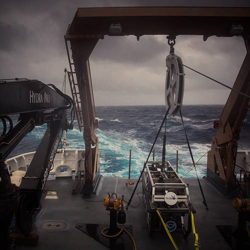 Stormy skies and seas off the back deck of the Okeanos Explorer.