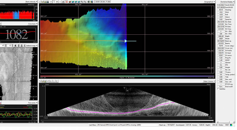 Ever looked at the Okeanos Explorer live video feeds and wonder what this is? It's our multibeam system collecting real time seafloor data! Left side top to bottom: Beam Intensity plot; Cross track depth and nadir (middle beam) depth reading; Seabed Image of the backscatter returns; Time Series of attitude data (roll, pitch, heave). The large box is the real time seafloor image being populated by SIS (seafloor information system). Bottom is the water column backscatter fan, cross section of the water column, pink line is the seafloor.