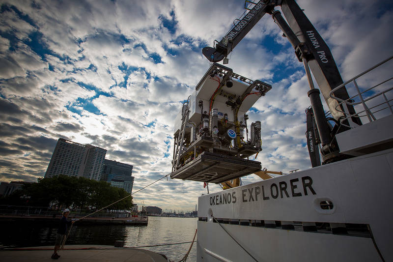 Shortly after arriving in Baltimore, ROV Deep Discoverer was off-loaded from Okeanos Explorer to the pier that would be its home for the next few days.