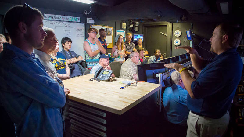 Roland Brian gives a tour of the control room and describes how ROV operations are conducted onboard Okeanos Explorer.