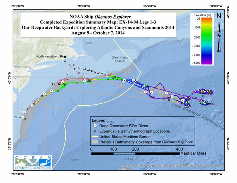 Summary map showing the approximate locations of ROV dives and collected seafloor bathymetry data.