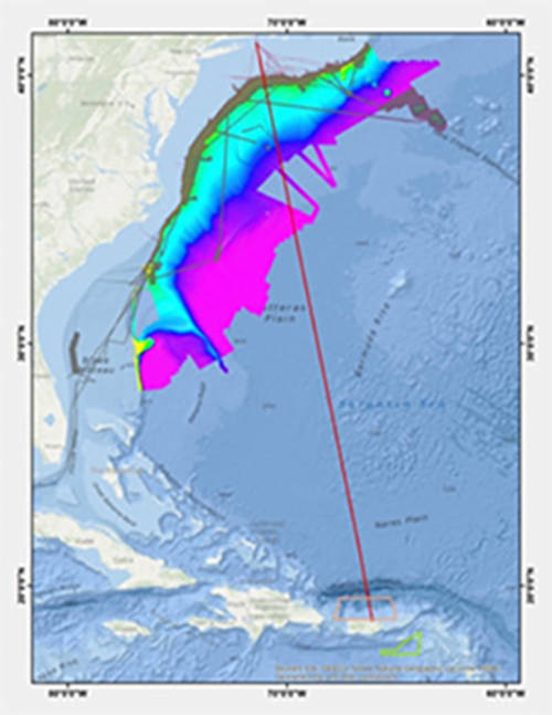 Transit line down to Puerto Rico (red line) and two survey area boxes within the region around Puerto Rico and the U.S. Virgin Islands. Bathymetry collected by Okeanos Explorer and University of New Hampshire Law of the Sea Project is shown in the background and gray boxes show the extent of existing Okeanos Explorer mapping surveys in the Atlantic.
