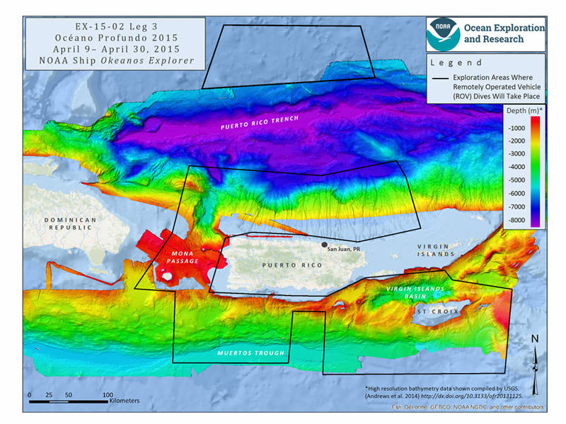 Mission map showing the operating areas, with priority areas outlined in black, for Leg 3 of the expedition.