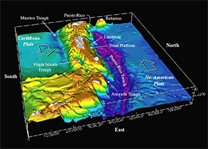 Bathymetry of th northeast corner of the Caribbean Plate, including the Puerto Rico Trench collect during the 2003 Puerto Rico Trench Expedition. Image courtesy of USGS. Bathymetry of th northeast corner of the Caribbean Plate, including the Puerto Rico Trench collect during the 2003 Puerto Rico Trench Expedition. Image courtesy of USGS.