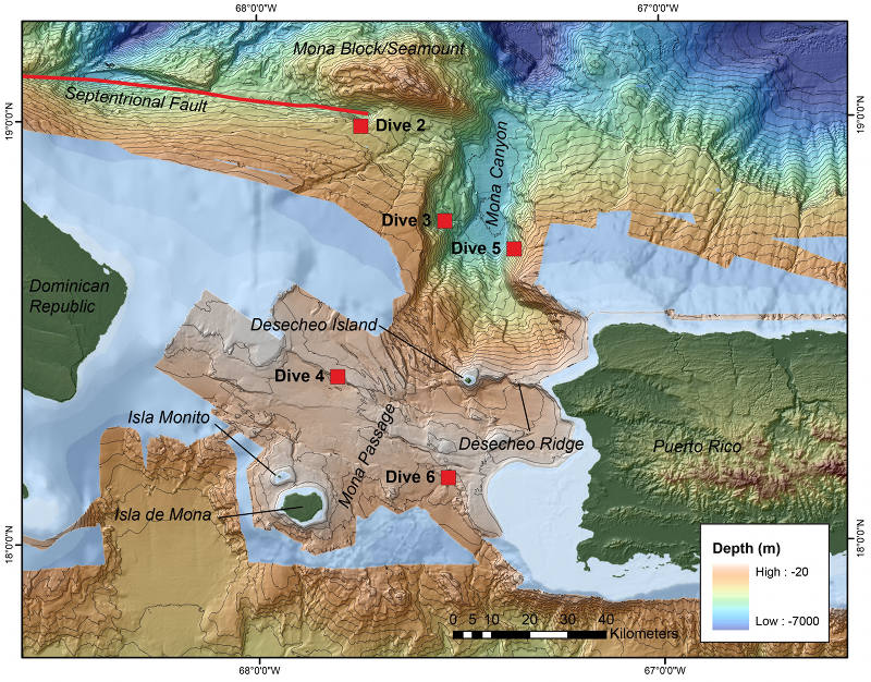 Overview of Okeanos dives the Mona Passage region. The long red line highlights the area of the Septentrional Fault.