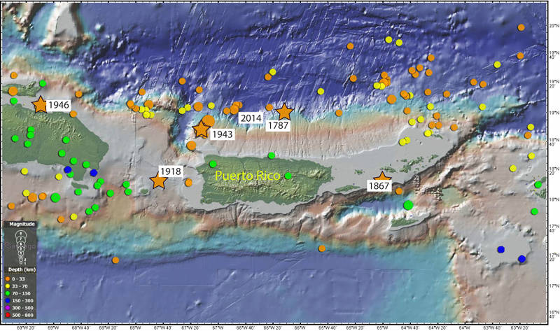 Figure 8: Map showing the epicenters of all the magnitude 5 and greater earthquakes around Puerto Rico for the last 100 years. Filled circle color indicates depth and circle size indicates magnitude. The five biggest, most destructive earthquakes of the last 250 years with magnitudes of 7 and greater are shown by stars.