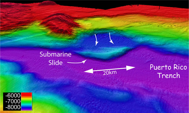 Multibeam sonar bathymetry of a large submarine slide on the northwest wall of the Puerto Rico Trench.