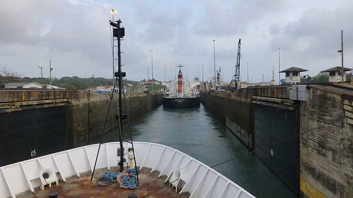 NOAA Ship Okeanos Explorer crosses through the Panama Canal.