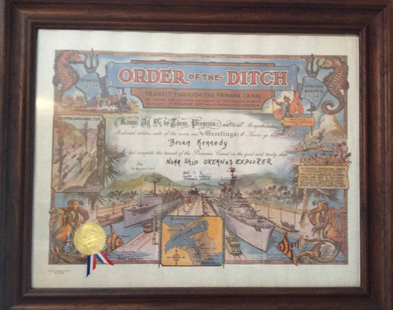 Order of the Ditch certificate that the Okeanos Explorer team received as they passed through the Panama Canal.