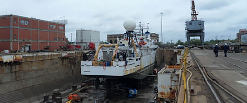 NOAA Ship Okeanos Explorer up on bocks in dry dock during dry dock in 2013.