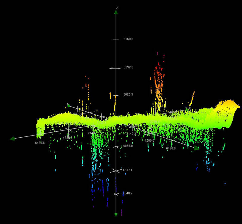 Uncleaned multibeam data. Part of the job of the Explorer in Training is to clean any erroneous data which helps with quality control.