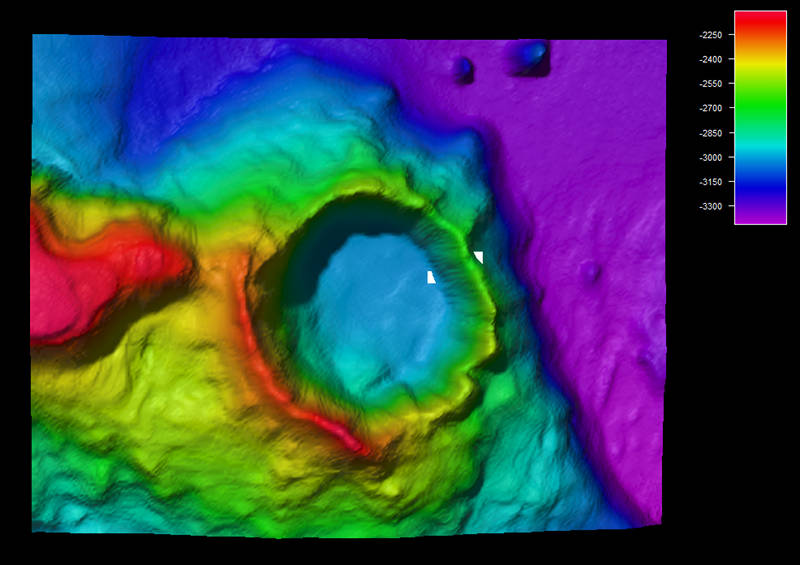 Bathymetric image of a crater located on the eastern Ridge off Maro Reef. The crater is six kilometers (3.1 nautical miles) across and over three kilometers deep, with walls up to 800 meters high. Sonar and sample data collected during this cruise may provide insights into the currently unknown origin of the crater.