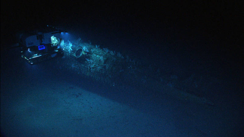 NOAAʻs Deep Discoverer ROV shines its lights on the S-19 submarine resting ~415m deep.
