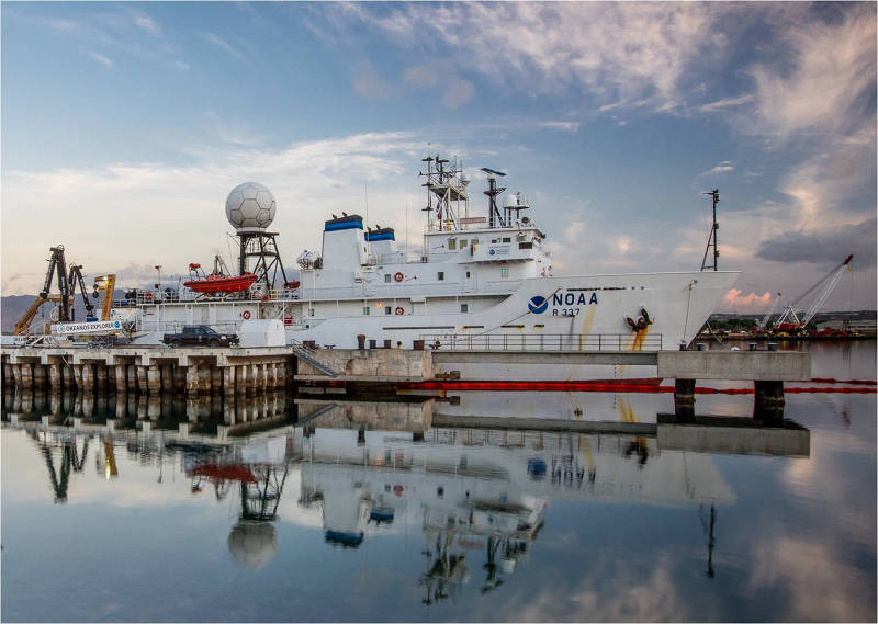 NOAA Ship Okeanos Explorer docked at Pearl Harbor prior to the 22-day expedition to the Northwestern Hawaiian Islands.
