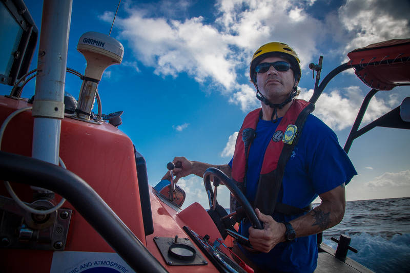 Chief Boatswain, Jerrod Hozendorf drives the Fast Rescue Boat during training exercises.