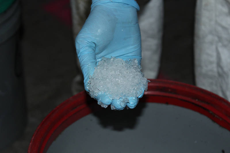Freshly mixed hydrogel after absorbing sugar water pesticide mixture.