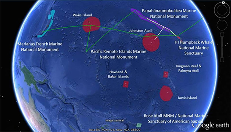 Map showing the completed 2015 operating areas (white lines), and planned operating areas (green lines) for the 2016 Campaign to Address Pacific monument Science, Technology and Ocean NEeds (CAPSTONE).