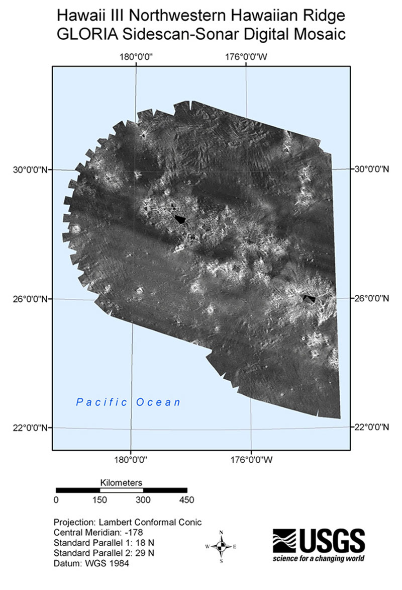 A mosaic of Gloria data for the northern end of PMNM. Note that in this image, lighter color denotes hard seafloor whereas darker color shows softer sediment seafloor.