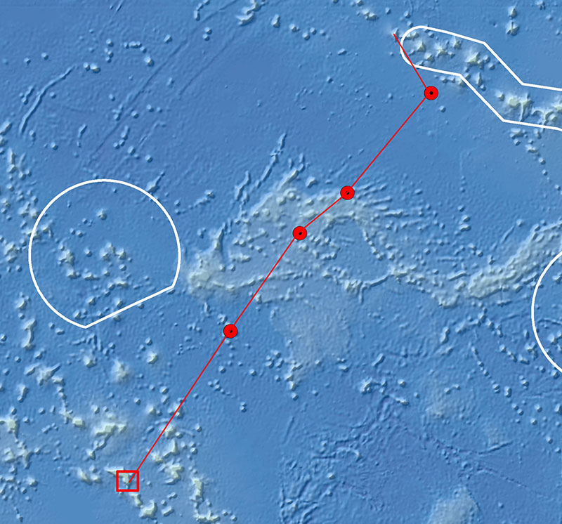 Map showing the transit path of NOAA Ship Okeanos Explorer from Papahānaumokuākea Marine National Monument to Kwajalein Atoll, with several dive sites planned along the way.