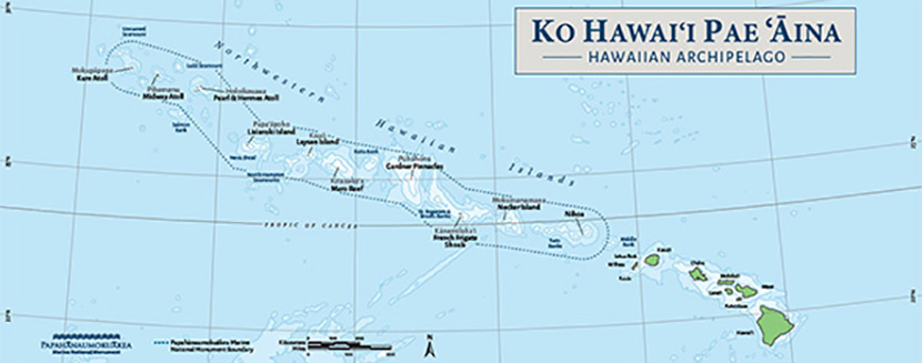 A map of the Hawaiian Archipelago showing the location of PapahÄnaumokuÄkea Marine National Monument in the Northwestern Hawaiian Islands (blue outlined area).