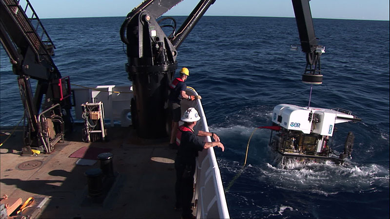 ROV Deep Discoverer is recovered after the first successful dive of the expedition.