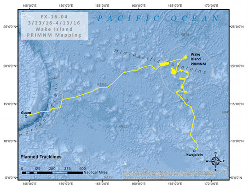 The expected path NOAA Ship Okeanos Explorer will take during the expedition, beginning in Kwajalein Atoll, Marshall Islands, and ending in Guam. Image courtesy of the NOAA Office of Ocean Exploration and Research.