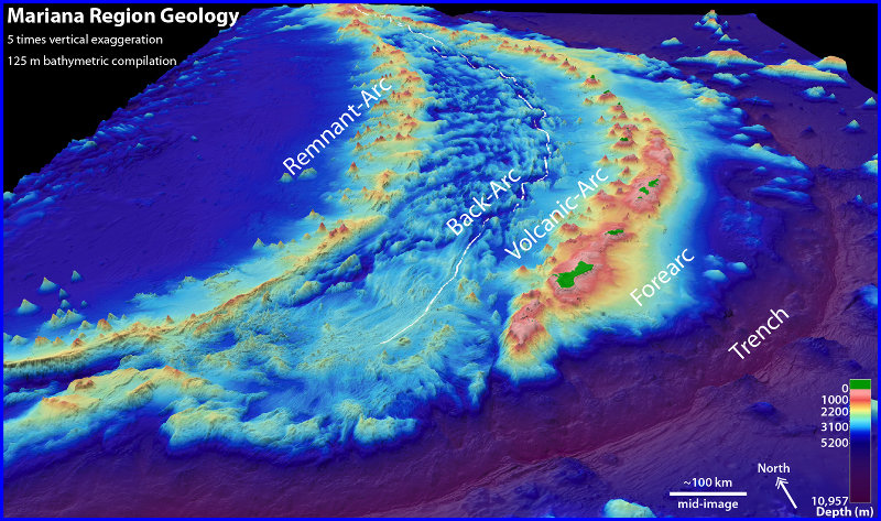 Oblique 3D-view of the Mariana region with the seafloor colored according to depth.
