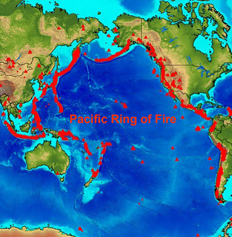 Map of the all the volcanoes around the Pacific (red triangles) making up the Ring of Fire.