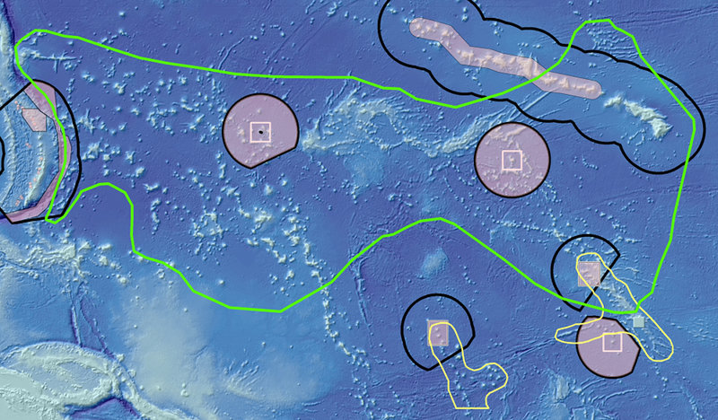 Figure 1: Pacific Prime Crust Zone (PCZ) boundary (green) shown in comparison to the US Pacific monuments (pink) and US EEZ boundaries (black). The PCZ extends from the Hawaiian Islands in the east to the border of the Mariana Trench in the west. 