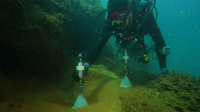 NOAA divers collecting gas bubble samples using evacuated stainless steel sample cylinders with plastic funnels attached as part of ocean acidification research at Maug.