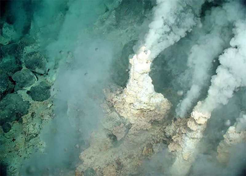 Liquid carbon dioxide bubbles being released from fractures adjacent to sulfur chimneys at the Champagne vent, NW Eifuku volcano.