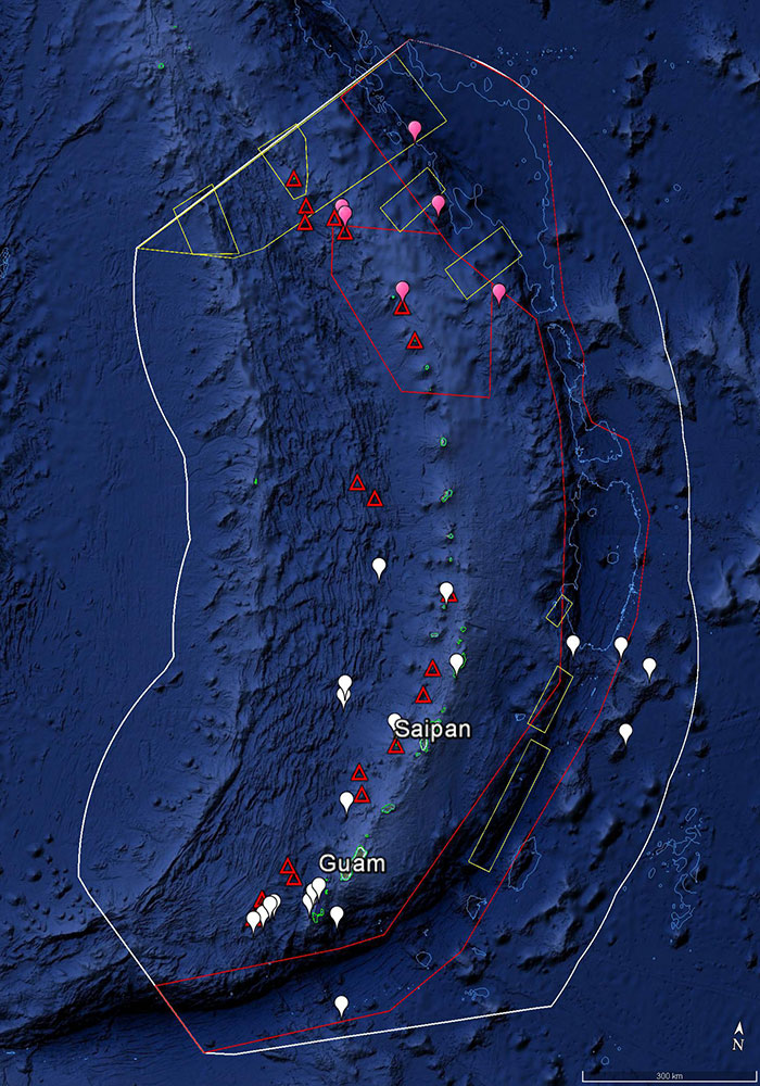 This Google Earth map shows the operating area of the 2016 Deepwater Exploration of the Marianas expedition. Leg 1 of the expedition will focus on the southern half of the CNMI and MTMNM, and Legs 2 and 3 will focus on the northern half. The white line shows the U.S. Exclusive Economic Zone, the red polygons are the boundaries of the Trench and Islands Unit of the MTMNM, and the red triangles are the Vents Unit of MTMNM. The green contour lines are the 250-meter contours surrounding Guam and the CNMI, and light blue are 6,000-meter contours marking the shallow and deep end of the depth range for operations. The white balloons show the location of planned ROV dives during Leg 1 of the expedition, and the pink balloons are some of the dives planned for Leg 3 (more sites will be identified based on mapping data acquired during Leg 2). The yellow boxes are areas where mapping data has been requested by scientists and managers.
