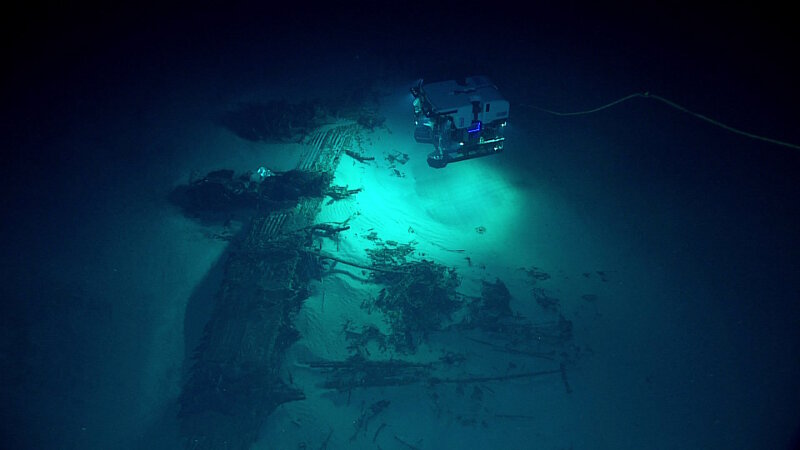 ROV Deep Discoverer discovers a B-29 Superfortress resting upsidedown on the seafloor. This is the first B-29 crash site found of over a dozen American B-29s lost in the area while flying missions during World War II.