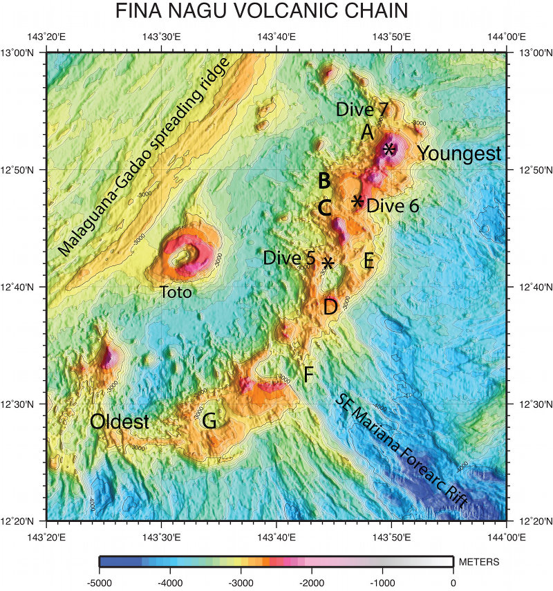 The Fina Nagu Volcanic Complex. Volcanic calderas A through G are shown. Note the flanking regions of strong faulting to the southeast (Southeast Mariana Forearc Rift) and regions of abundant seafloor volcanism (Malaguana- Gadao spreading ridge and Toto volcano) to the northwest. Also shown are locations of Okeanos Explorer remotely operated vehicle Dives 5, 6, and 7 (asterisks). Fina Nagu volcanoes and calderas are oldest in the southwest and youngest in the northeast.