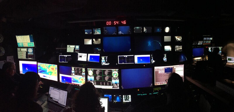 The control room during Dive 4 at Hadal Wall as ROV <em>Deep Discoverer</em> approached 6,000 meters for the first time since Puerto Rico.