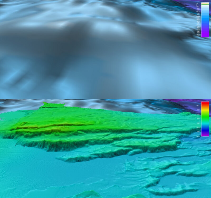 Comparison of resolution of satellite-derived bathymetry (top) and multibeam sonar bathymetry collected by NOAA Ship Okeanos Explorer (bottom). Example shown is a prominent east-west oriented ridge feature in the Mariana Trench Marine National Monument.