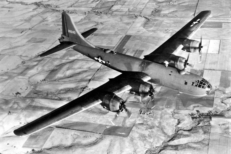 The B-29 Superfortress, designed by Boeing, fulfilled the need for a bomber capable of flying over 5,000 miles while carrying a large payload. It represented very advanced technology for the time with a pressurized cabin and a remote, computer controlled fire control system to direct four machine-gun turrets to protect against enemy aircraft attacks. The plane was used from June 1944 through the end of the war and included missions to drop supplies to prisoners of war in Japan.
