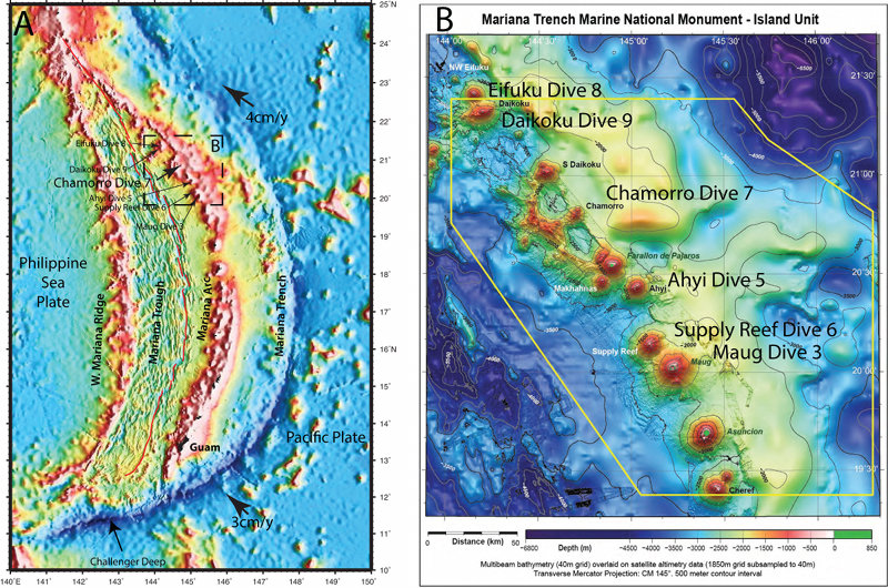 A: Bathymetric map of the Mariana arc system and location of arc volcanoes explored during Leg 3 of the expedition; arrows indicate approximate velocity of the Pacific Plate relative to the Marianas. B: Islands Unit of the Mariana Trench National Monument (yellow line) and surrounding region showing location of arc volcanoes explored during Leg 3. Location of the Chamorro submarine volcano is highlighted.