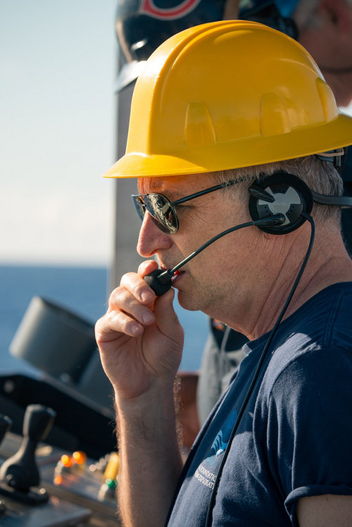 Jim Newman supervising an Okeanos Explorer remotely operated vehicle dive.