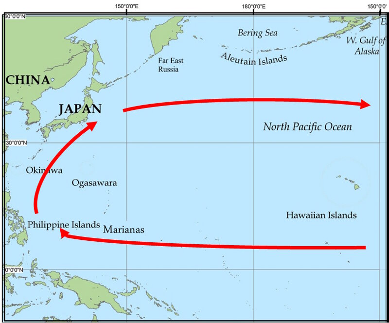 Map of the dominant currents around the Ogasawara and Mariana Islands regions.