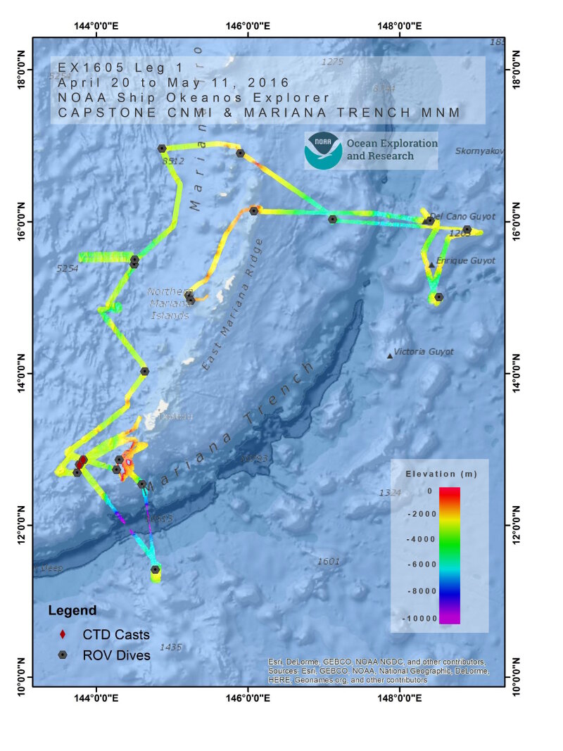 Summary map of Leg 1 of the 2016 Deepwater Exploration of the Marianas expedition showing seafloor bathymetry data that was collected and the locations of ROV dives and CTD casts conducted during the cruise. Overall, 19 ROV dives were conducted, more than 20,000 square kilometers of seafloor was mapped, and three CTD casts were carried out.